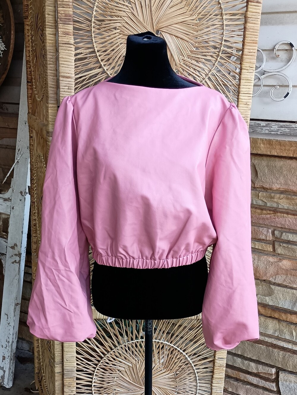 NWT Flamingo Women's Pink Faux Leather Long-Sleeve Cropped Top_XL